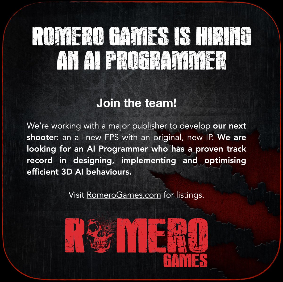 romero's tweet image. We're hiring an AI Programmer who has a proven track record in designing, implementing and optimising efficient 3D AI behaviours. Apply here: romero_games.traffit.com/public/an/TEVN…
#gamejobs #hiring #aicoder #gameartist #gamedev #artjobs #ai