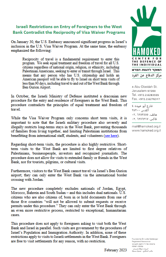 JessicaMontell's tweet photo. @HaMokedRights @CarnegieEndow @zahahassan See @HaMokedRights one-pager on how Israeli military restrictions discriminate against U.S. citizens wanting to travel to the West Bank.
As @USAmbIsrael said: #BlueIsBlue - these restrictions contradict the reciprocity required by U.S. Visa Waiver Program
https://t.co/q9RfXWYIGp https://t.co/tGy5ERGFK0