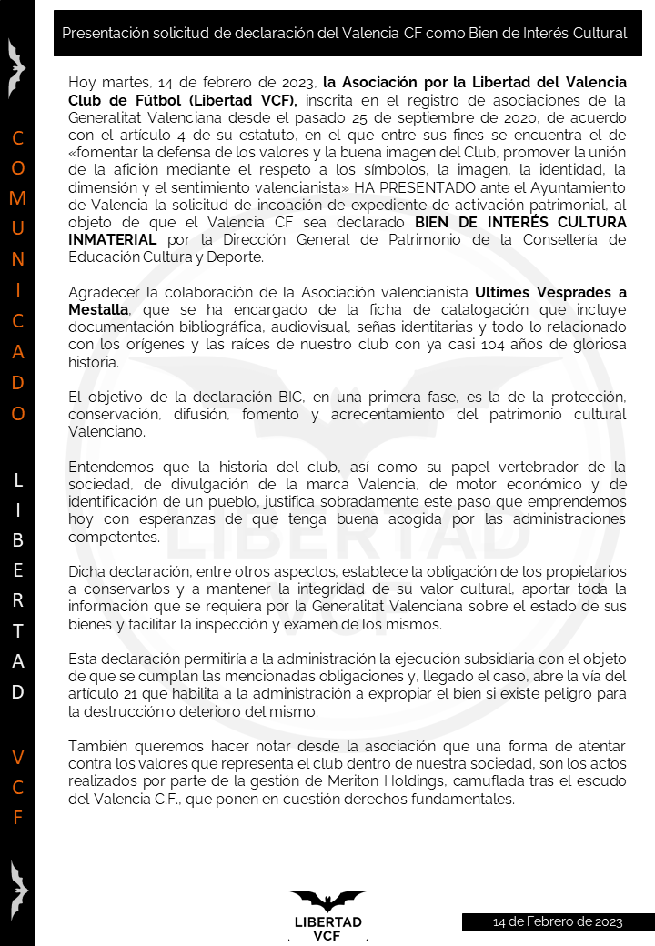 LibertadVCF's tweet photo. 🚨 COMUNICADO OFICIAL🚨
Nos complace informar que la asociación hoy ha iniciado los trámites para que el Valencia CF sea declarado BIEN DE INTERÉS CULTURA INMATERIAL por la Dirección General de Patrimonio de la Conselleria.

Eso y más cosas en nuestro comunicado, leedlo 👇 https://t.co/yBL1SW003Y