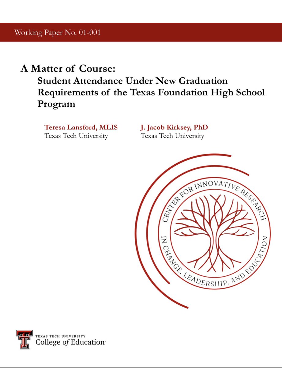 🚨 New working paper w/ <a href="/LansfordsLines/">Teresa Lansford</a> examining attendance in TX. Using statewide data &amp; more granular data from 1 large school district, we find that STEM-CTE courses are driving better attendance in HS for students w/ poor MS attendance. ttu-ir.tdl.org/handle/2346/90…