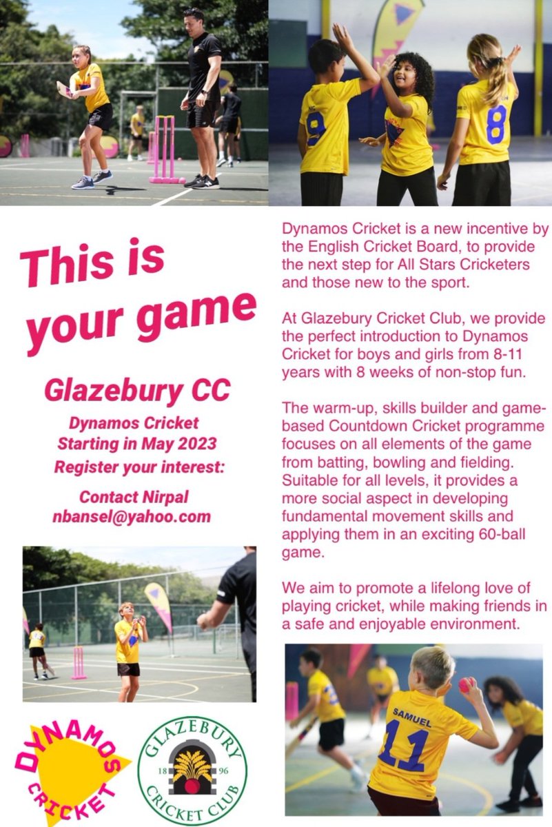 Looking for a fun friendly sport for 8-11 year olds every Friday? Then Dynamos Cricket is perfect. 

Register now 

FREE Taster session: Friday 12th May, 6:30pm- 7:30pm. 

Contact Nirpal for further information: nbansel@yahoo.com 

Link to sign up: ecb.clubspark.uk/Dynamos/Course…