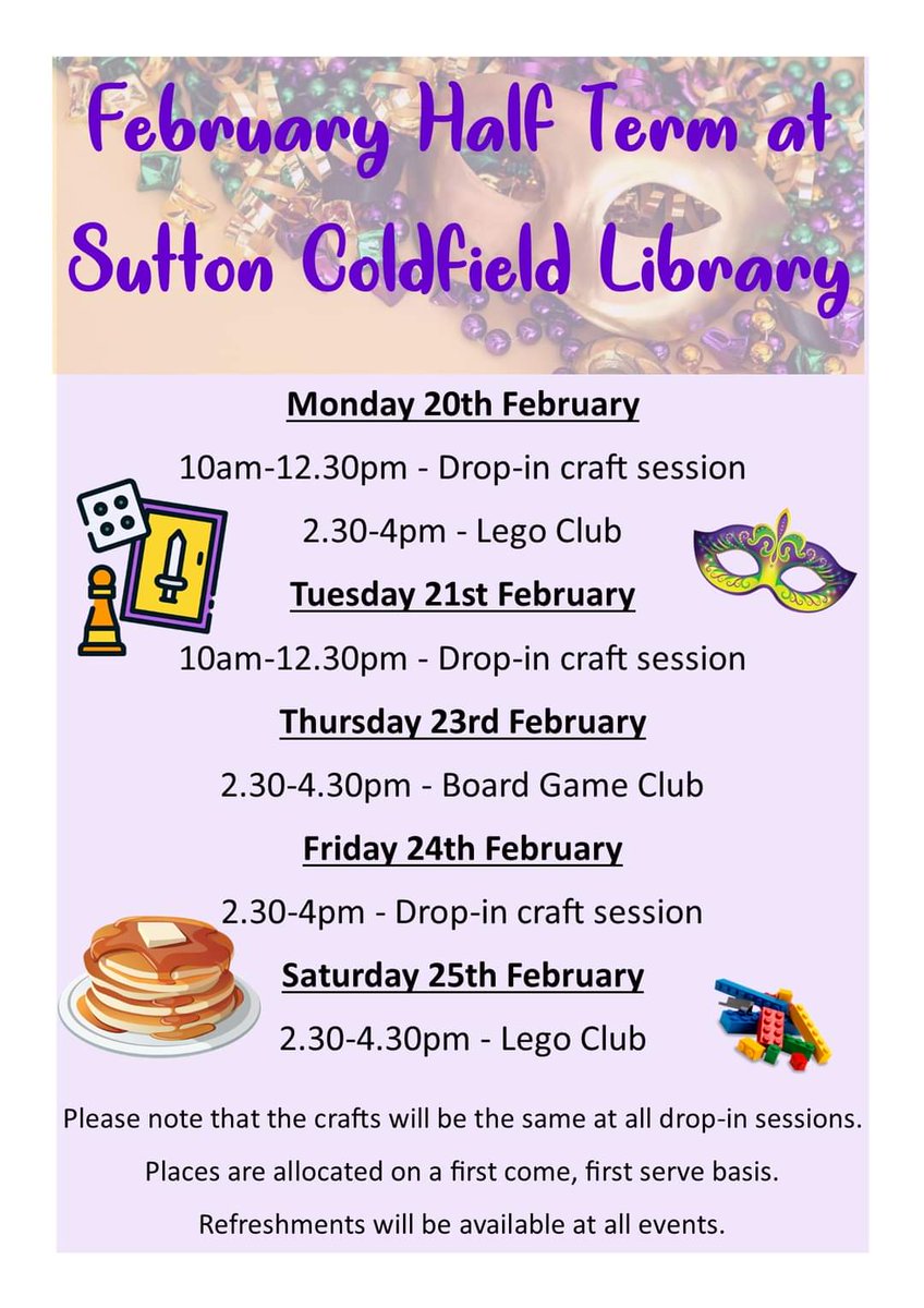 What's On at Sutton Coldfield Library during February Half-Term

#WhatsOn #WarmWelcome #Free #Crafts #Lego #BoardGames #Refreshments #Fun #FebruaryHalfTerm #SuttonColdfield #SuttonColdfieldLibrary