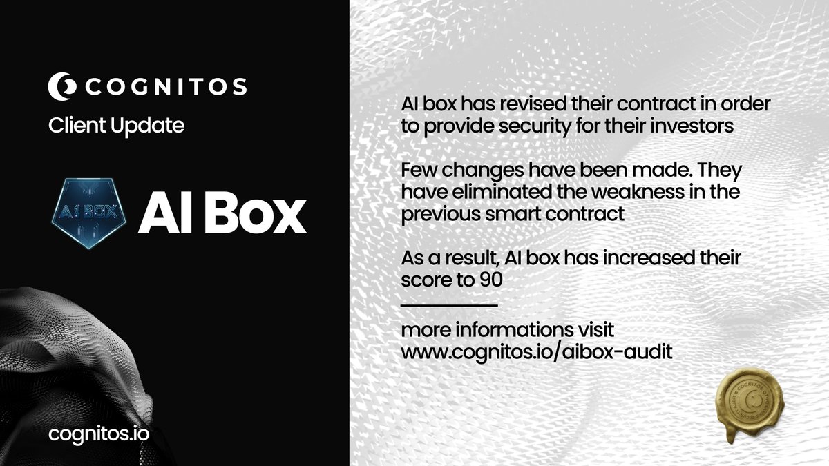 Revised Contract Announcement

Name: AI Box
Website: aiboxapp.net
Smart Contract:
Arbitrum (ERC-20)
0xe44e7E3722a75aed3E05EdBE068e439b9C5d51e5

Smart Contract Audit Report :
▫️cognitos.io/aibox-audit