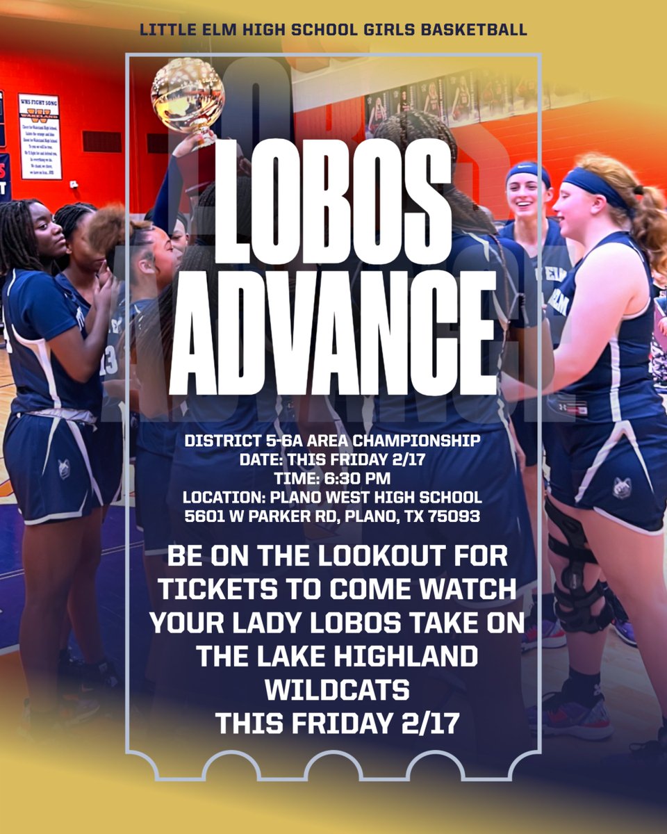 The Lady Lobos advance to the Area round of playoffs! Come out THIS FRIDAY 2/17 to support them as they take on Lake Highlands!
BE ON THE LOOKOUT FOR TICKETS THESE NEXT FEW DAYS👀
Where: Plano West High School 5601 W Parker Rd, Plano, TX 75093
When: 2/17 @ 6:30PM
<a href="/LELADYLOBOHOOPS/">LE LADY LOBO HOOPS🏀</a>