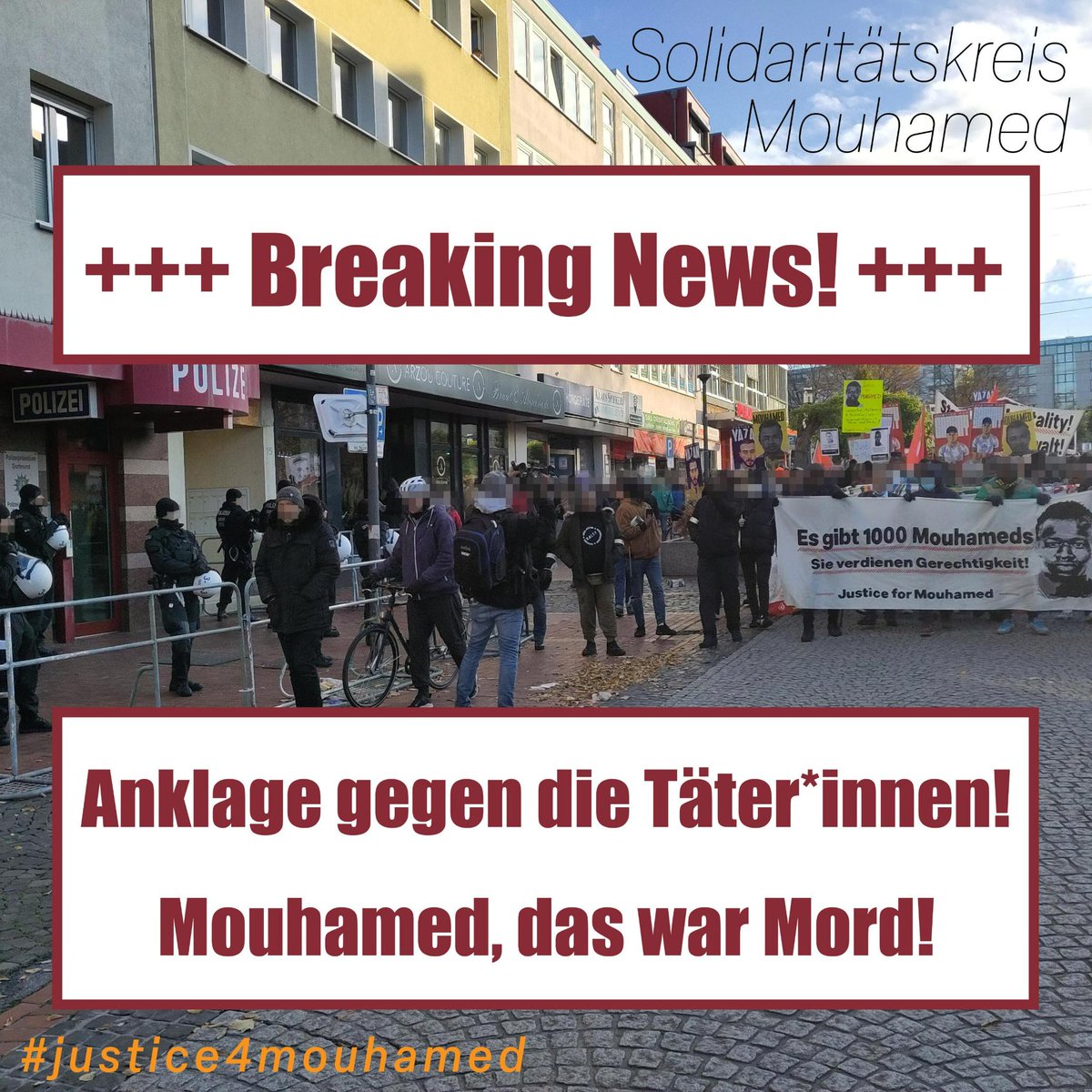 +++ Anklage der Mörder*innen von Mouhamed! +++ 

Lange haben wir gewartet, jetzt ist es klar:  Die Staatsanwaltschaft erhebt Anklage! Wir haben von Anfang an gesagt: Es war #Mord!

#justice4mouhamed #Polizeigewalt #Rassismus #Dortmund #Polizeiproblem