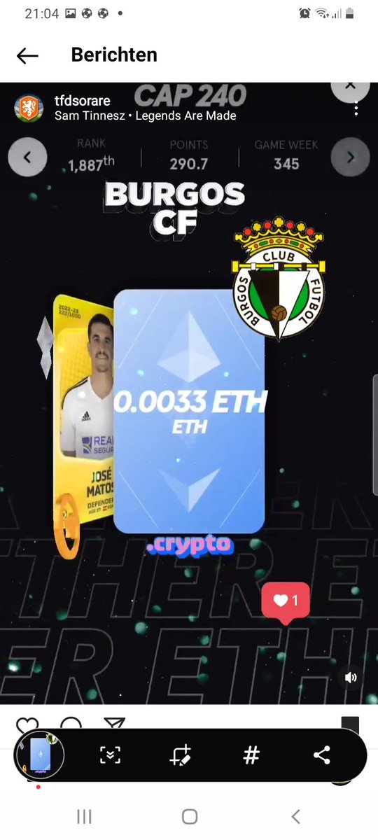 TFDSorare's tweet photo. Almost forgot❗My WINS of GW #345 on #Sorare are 1 limited card from José Matos (DF) @Burgos_CF playing in #LaLiga Smartbank competition. Not what i hoped for but its better then nothing ofcourse❗ #BuildYourGame #football #OwnYourGame ⚽️ #LaLigaSantander #Ethereum #crypto #ETH https://t.co/1aesrPLyyL