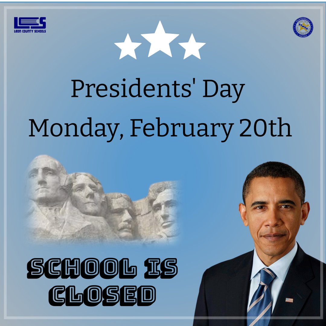 Presidents' Day is Monday, February 20th. 

The school will be closed.

#riseandshine #shiningstars #ATMSA