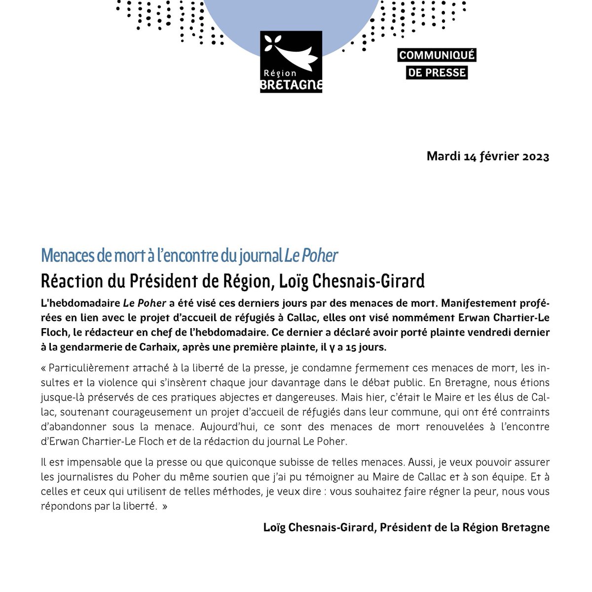 [Communiqué de presse]

Menaces de mort à l’encontre du journal Le Poher : réaction du Président de Région, Loïg Chesnais-Girard