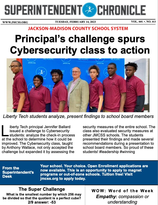 JMCSchools's tweet image. A simple question resulted in a notable leadership opportunity for CyberSecurity students at Liberty Tech 🦺#LeadersLead #TechLife📣Principal Ballard shared details during Episode 19 of our podcast #ForTheDistrict 
#JMCSS #ChooseUS 💫