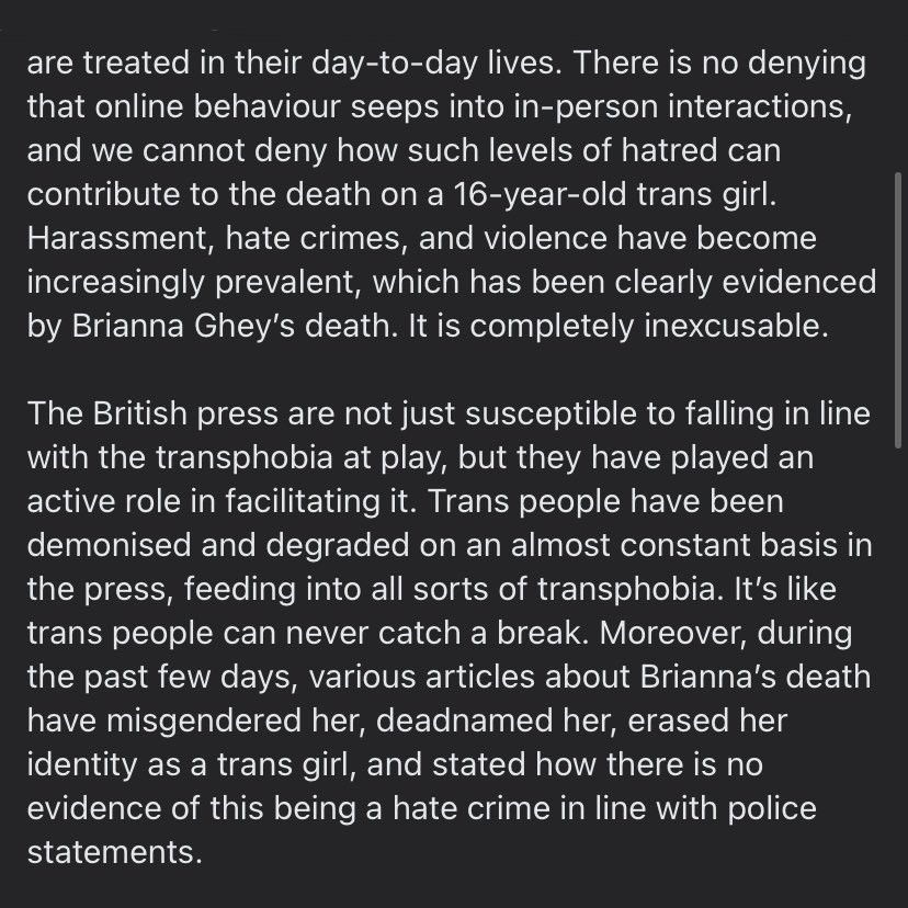 DurhamSUWelfLib's tweet photo. (CW: speaks on the death of Brianna Ghey, transphobia, anti-trans hate crimes and violence, fascism)

My thoughts in response to the death of Brianna Ghey. 

Solidarity, liberation, and justice to the trans community, now and always 🏳️‍⚧️ https://t.co/XOgebU7GRG