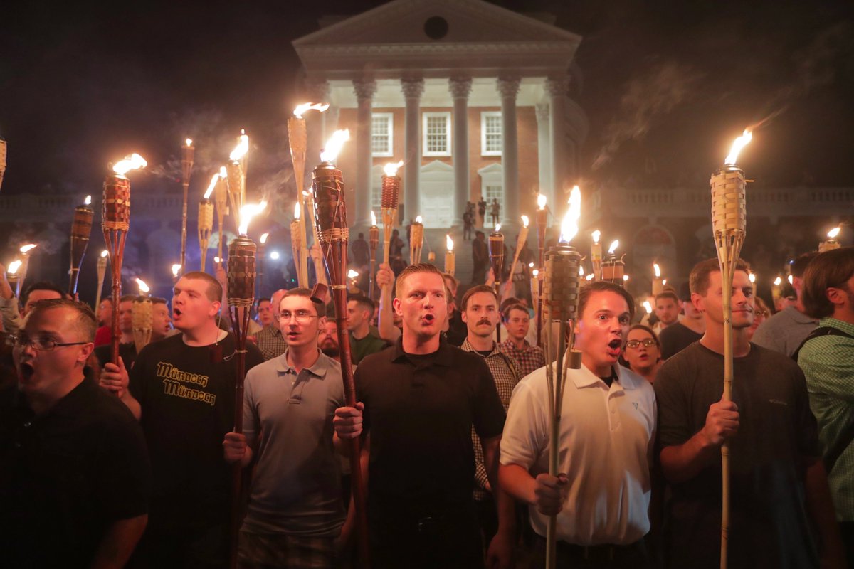 you probably remember this photograph. it's one of the more iconic of the awful images of the nazi torch march at UVA on august 11, 2017.
on august 12, the man in the center was elated to see himself on the cover of papers across the county. 
today, i can tell you he is dead.