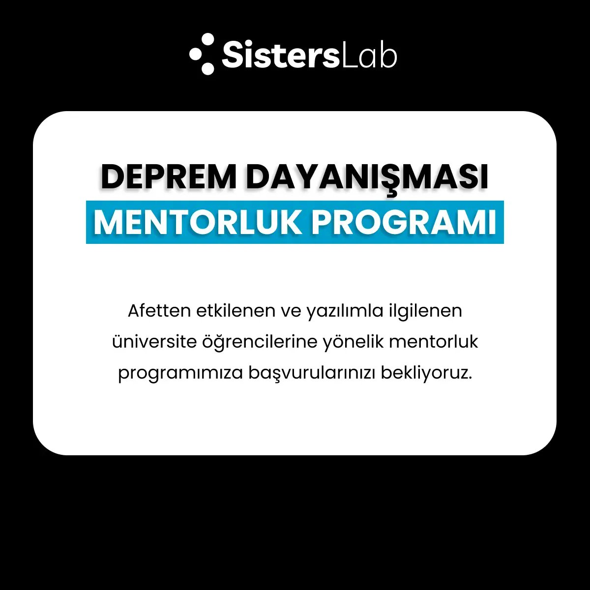 SistersLaborg's tweet photo. SistersLab olarak afet sürecinden maddi manevi etkilenen, yazılımla ilgilenen üniversite öğrencilerine yönelik 8 hafta boyunca mentorlük vermek üzere bir program başlattık.

Başvurularınızı bekliyoruz.
Menti: https://t.co/ZeyeLJAmAI 
Mentor: https://t.co/8Wsw7xCsAB https://t.co/nRabaFAfGq