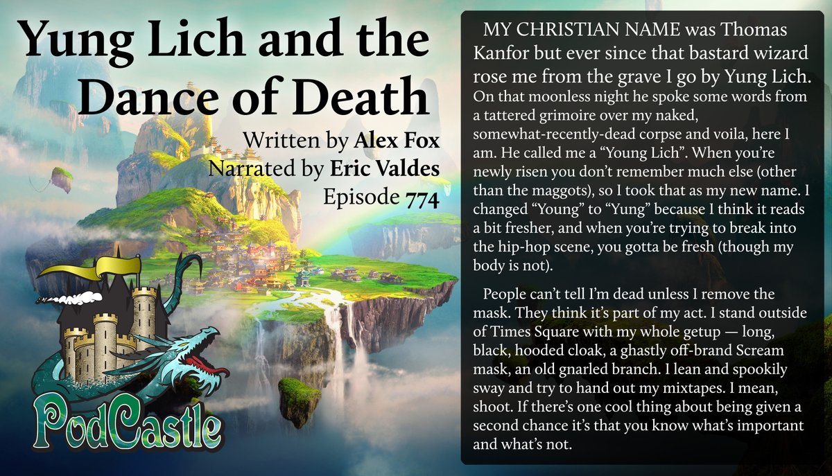 PodCastle_org's tweet photo. #pc774 YUNG LICH AND THE DANCE OF DEATH by @afoxwrites, narrated (and performed) by @IntenselyEric. A #PodcastleOriginal!
Rated PG-13 https://t.co/GfLohAN38e