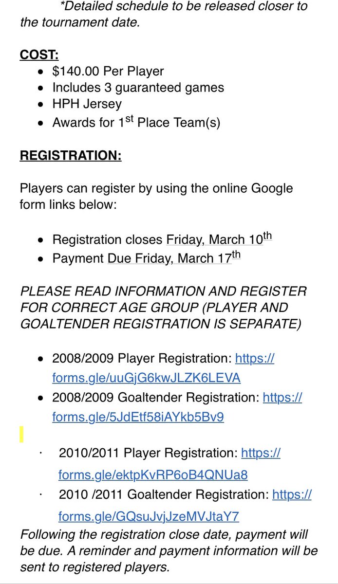 HPHCAMP's tweet photo. 🚨 HPH is excited to announce 3 on 3 AA/AAA tournament for players born in 08/09 &amp; 10/11 🚨                           Link to register for 08/09 div https://t.co/J4ujdno79J               Link to register for 10/11 div https://t.co/FAYaDi7CZS              Info below: Inc Goalies https://t.co/c4fuETMJzO