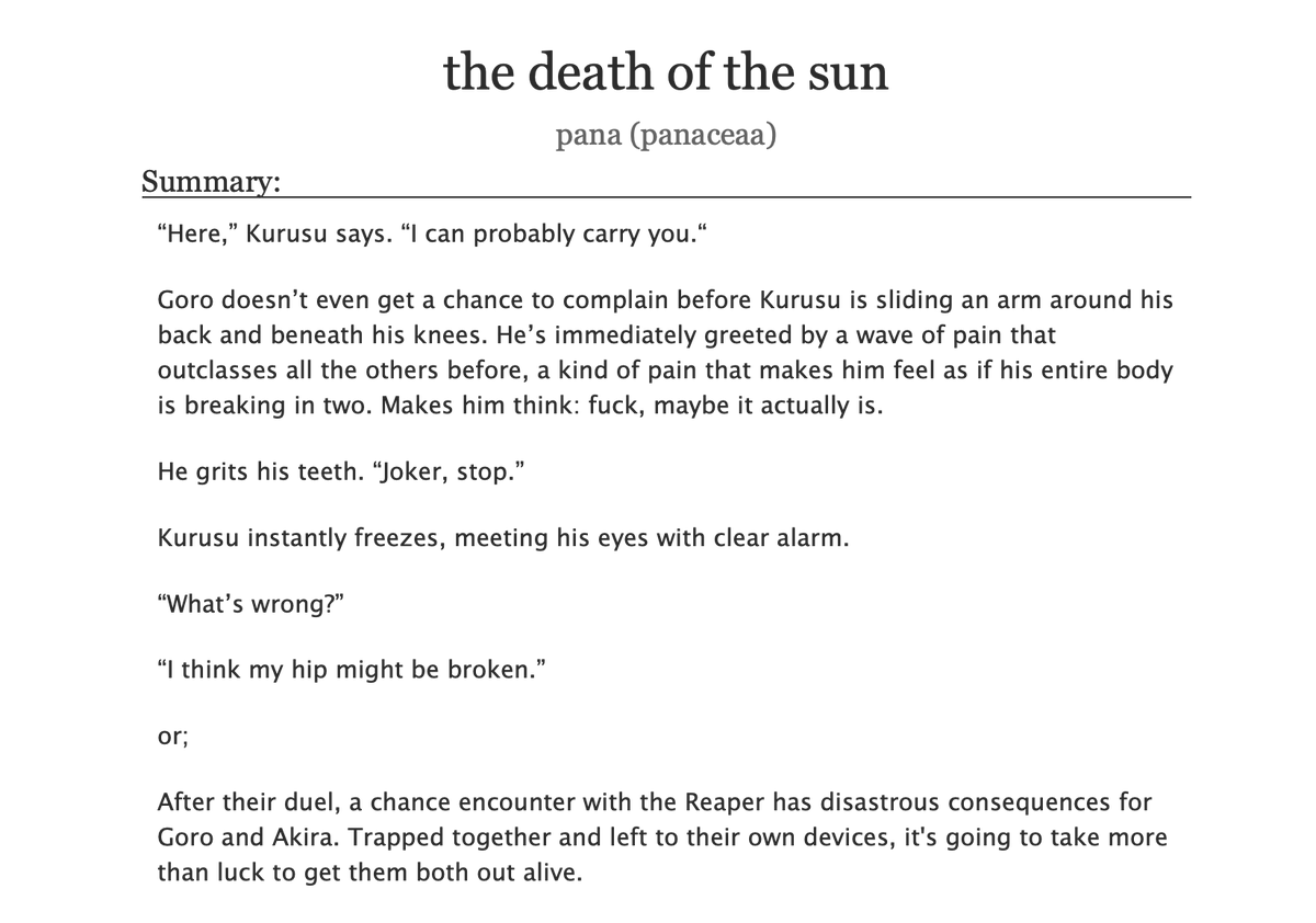 the death of the sun ☀️
Written for Day 2 of Akeshuake Fluff and Hurt/Comfort Week, prompt: Trapped Together 
I had the honor to collab with <a href="/PancakeSorting/">dia</a> on this so please please go check out their accompanying art!
 archiveofourown.org/works/45042181
#akeshuakerivalmance2023 #shuake