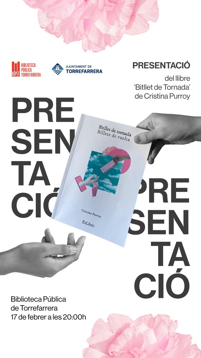 Agendeu! El proper divendres 17 de febrer a les 20h, a la sala polivalent de la biblioteca, presentació del llibre "Bitllet de tornada" de Cristina Purroy.📖
<a href="/AjTorrefarrera/">AjTorrefarrera</a>