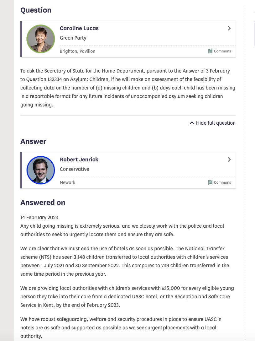 CarolineLucas's tweet photo. I asked the Home Secretary whether she would start collecting data on children going missing from hotels. The response doesn't even come close to answering the question. If Ministers can't even answer simple questions, how on Earth can we rely on them to keep children safe? https://t.co/Np72O9HtXn