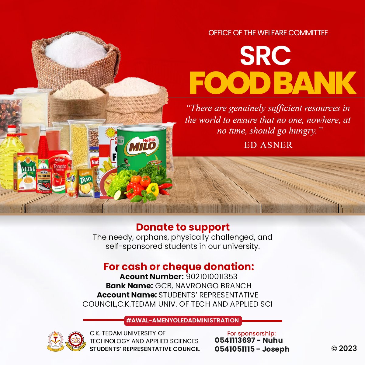 cktutas_src's tweet photo. "There are genuinely sufficient resources in the world to ensure that one one, nowhere, at no time, should go hungry." - ED ASNER

The welfare committee humbly extends its arm to the general public for support of our food bank project. This project was commissioned and ......... https://t.co/Gfa88L7ODq