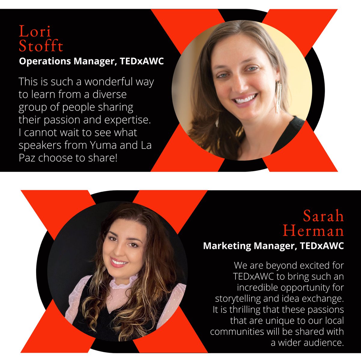 TEDxAWC's tweet photo. Meet the TEDxAWC Executive Board!

Lori Stofft, AWC Vice President for Advancement and Executive Director of the AWC Foundation, serves as the TEDxAWC Operations Manager.

Sarah Herman, AWC Strategic Content and Social Media Specialist, serves as the TEDxAWC Marketing Manager. https://t.co/iIe3xL7YjC