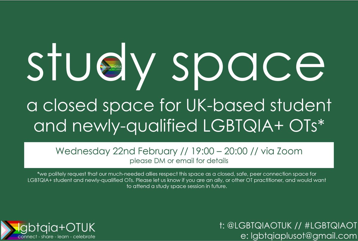 LGBTQIA+OT UK (@lgbtqiaotuk) on Twitter photo Join @ThomasW_OT and <a href="/emilyOT_/">Emily (she/her) 🏳️⚧️</a> in our first LGBTQIA+OTUK Study Space on Wed 22 Feb 7-8 PM. Come along to share knowledge, learn about the scope of research, and explore your ideas about the need for OT research for #LGBTQIA+ identities.
DM or email for Zoom details! #LGBTQIAOT Join @ThomasW_OT and <a href="/emilyOT_/">Emily (she/her) 🏳️⚧️</a> in our first LGBTQIA+OTUK Study Space on Wed 22 Feb 7-8 PM. Come along to share knowledge, learn about the scope of research, and explore your ideas about the need for OT research for #LGBTQIA+ identities.
DM or email for Zoom details! #LGBTQIAOT