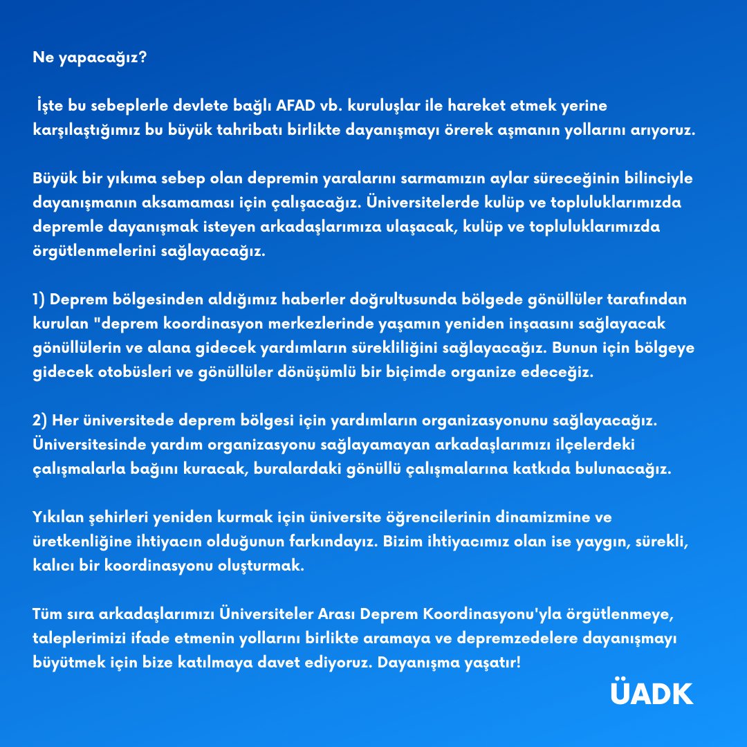 Üniversitelerarası Deprem Dayanışma Koordinasyonu (@unidepremk) on Twitter photo Üniversiteler Arası Deprem Koordinasyonu kuruldu!
Sen de katıl:
forms.gle/8UeTuBvr4aNb7n… Üniversiteler Arası Deprem Koordinasyonu kuruldu!
Sen de katıl:
forms.gle/8UeTuBvr4aNb7n…
