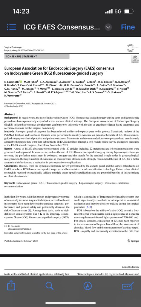 Finally Published the EAES - European Association for Endoscopic Surgery  consensus on fluorescence guided surgery cordinated by professor Elisa Cassinotti  and Dr Ludovica Baldari from the Ospedale Policlinico di Milano 
Thanks to all the authors !
#fluorescence #icg # #surgery