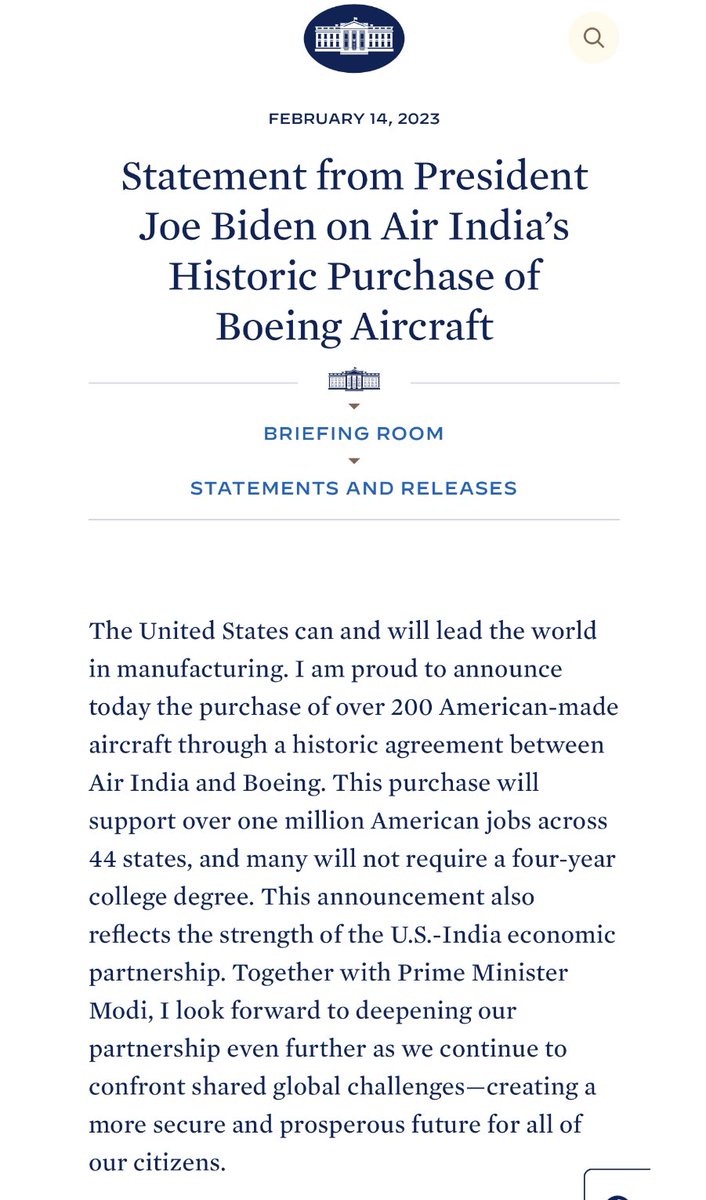 Statement by the President on Air India's Historic Purchase of Boeing Aircraft

whitehouse.gov/briefing-room/…