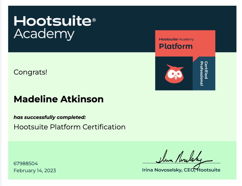 madd_atkinson's tweet photo. I achieved my @hootsuite Platform Certification! 🦉 #comm3334 https://t.co/VyO5KsrqfQ