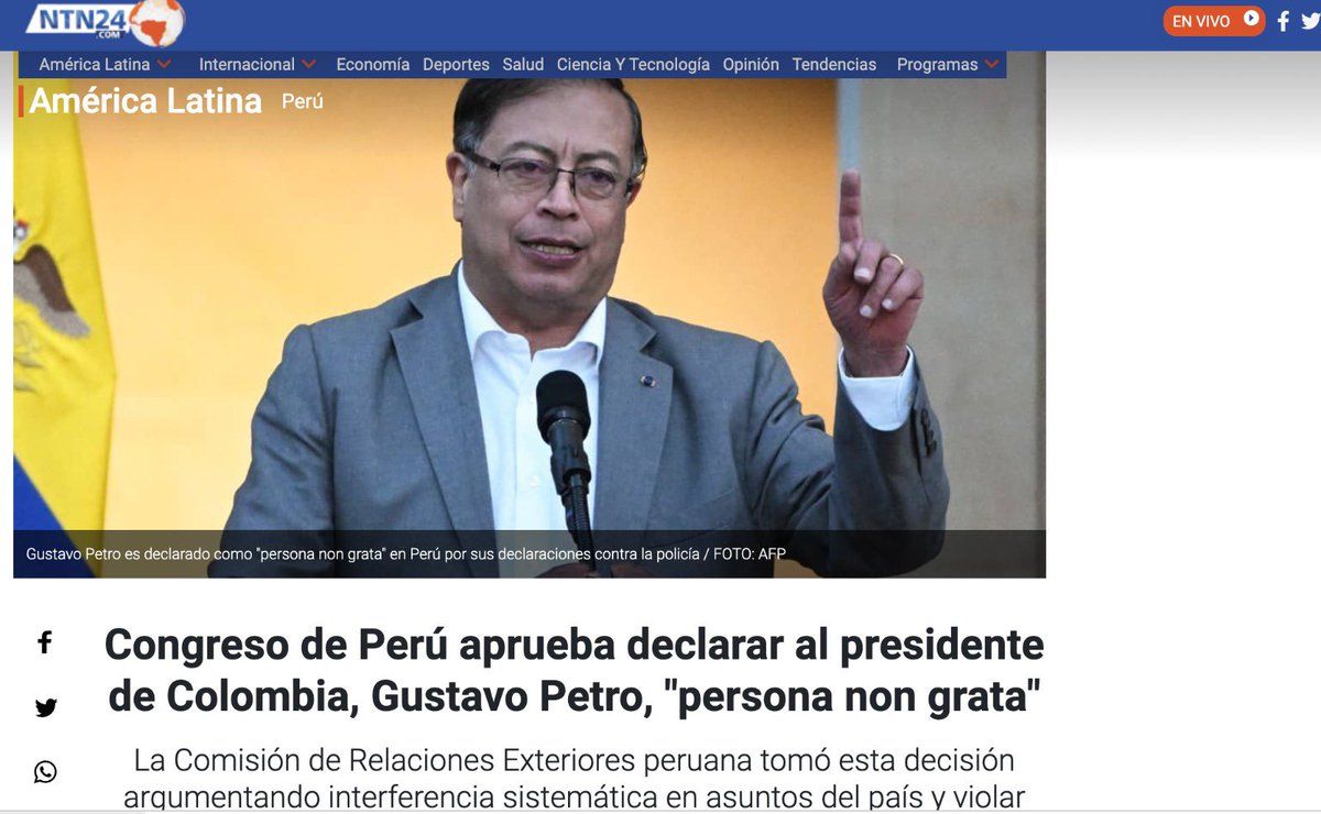 Congreso de Perú aprueba declarar al presidente de Colombia, Gustavo Petro, "persona non grata".

Este es el resultado de la defensa que hizo al procesado Pedro Castillo en el Perú.