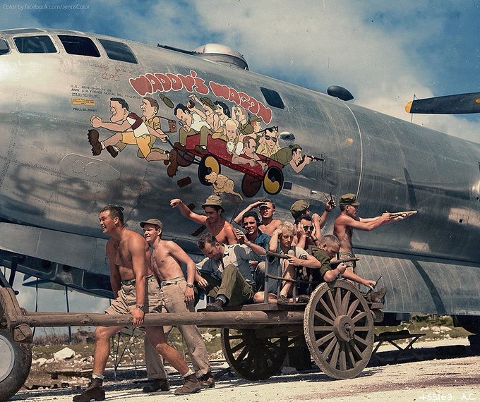 When life imitates (nose) art.

B-29 Superfortress crew replicate the nose art which is a caricature of them in November 1944.

I believe the aircraft and crew was lost in action in 1945.