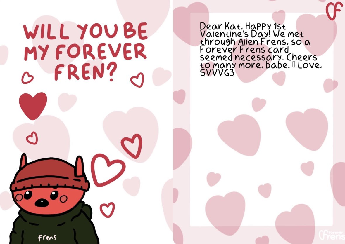 I Love this man so much 🥰 Got a Valentine’s Day card from him on the blockchain, couldn’t be more fitting!
My forever fren 💜

<a href="/_SVVVG3/">SVVVG3</a> 🖖 <a href="/ForeverFrens_/">Forever Frens</a> 💛 <a href="/alienfrens/">alien frens</a> 🛸