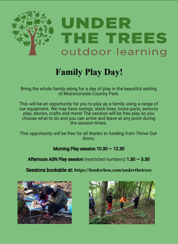 Thanks to funding received from <a href="/Thrive_Outdoors/">Thrive_Outdoors</a>  we have a free Family Play Day on Mothers Day, Sunday 19th March!
Bring the whole family along for a day of play in the beautiful setting of Muiravonside Country Park.
 bookwhen.com/underthetrees
#MothersDay #Outdoorplay #family