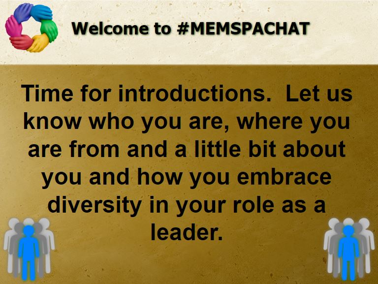 schisik's tweet photo. Welcome to #memspachat!  Time for introductions.  Let us know who you are, where you are from and a little bit about you and how you embrace diversity in your role as a leader. https://t.co/BCHAMm38hV
