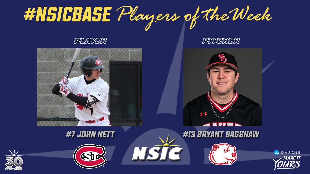NorthernSunConf's tweet photo. #NSICBase Release No. 2
#NSICPOW
Player: #7 John Nett – St. Cloud State 
Pitcher: #13 Bryant Bagshaw - Minot State 

Full Release at: https://t.co/QtQoMpzHIB https://t.co/rDURjiFUTt
