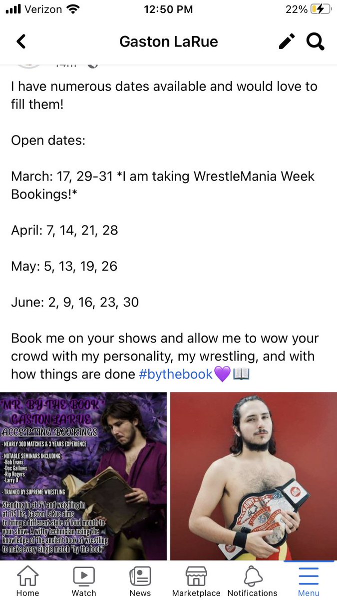 GastonLarue's tweet photo. Looking for those bookings! Dates through June as well as Mania Week Bookings!
#wrestling #prowrestling #bythebook #ManiaWeek2023 #WrestleMania https://t.co/OnTSDaoXNx