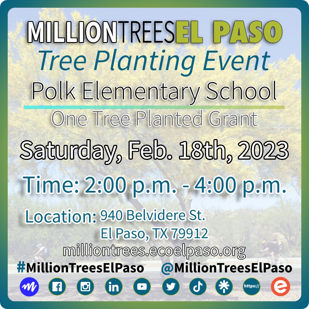 #Event #ThisSaturday
Tree Planting Event - Polk Elementary - One Tree Planted Grant
🌳
Join Eco El Paso for a Tree Planting event at Polk Elementary on Saturday, February 18, 2023 from 2pm to 4pm. 
#EcoElPaso #MillionTreesEP #MillionTreesElPaso #EcoEP #ElPaso #Texas #ElPasoTX