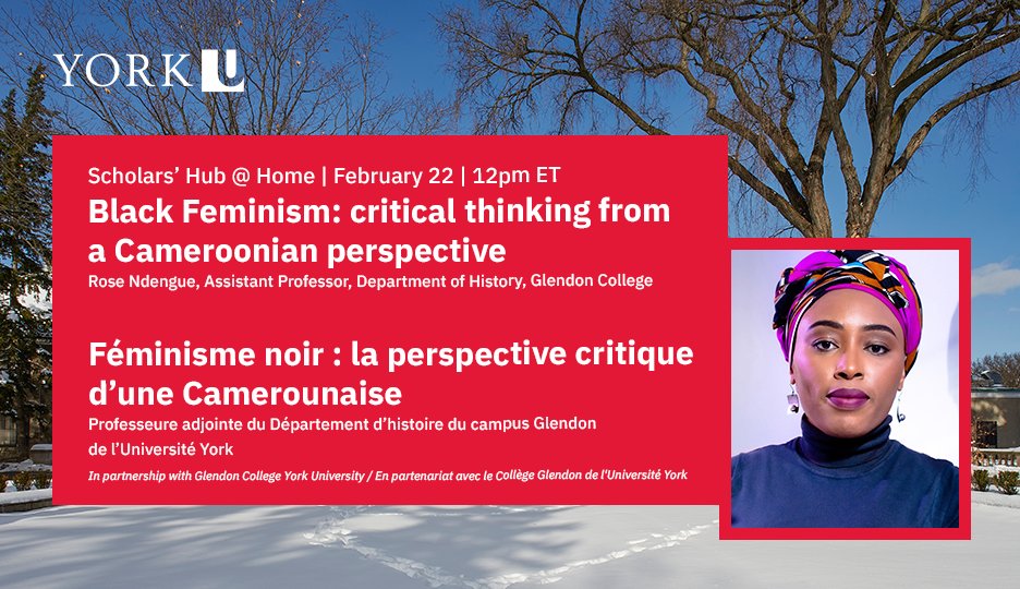 "Black women are building their social and political liberation tools within a rich and complex cartography of contexts"
Join us on Feb. 22 at 12pm ET, as Prof. Ndengue, Dept. of History at Glendon gives us her take on Black Feminism
Registration link ▶️ : bit.ly/3KaQyrh
