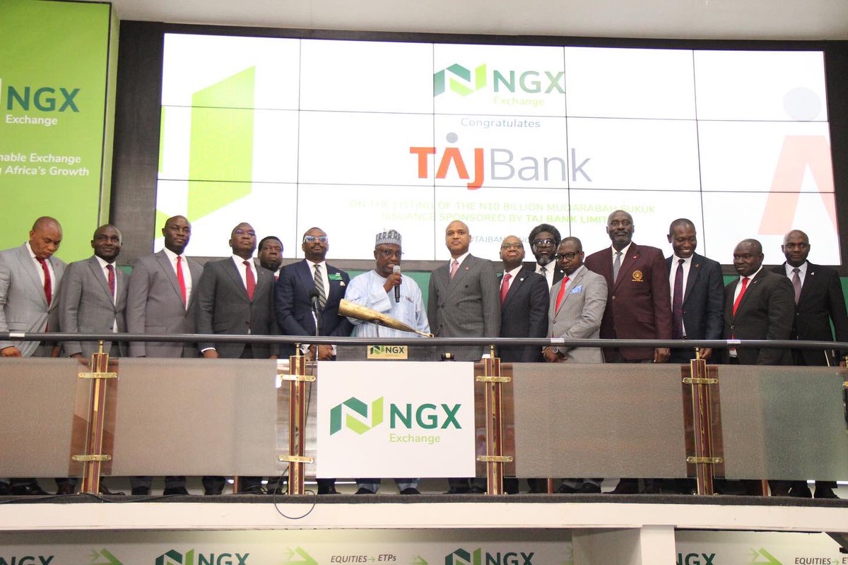 Earlier today, Nigerian Exchange Limited hosted @tajbankltd to a Closing Gong Ceremony commemorating the listing of the N10 billion Mudarabah Sukuk issuance sponsored by <a href="/TAJBankLtd/">TAJBankNG</a>. #TajBankatNGX