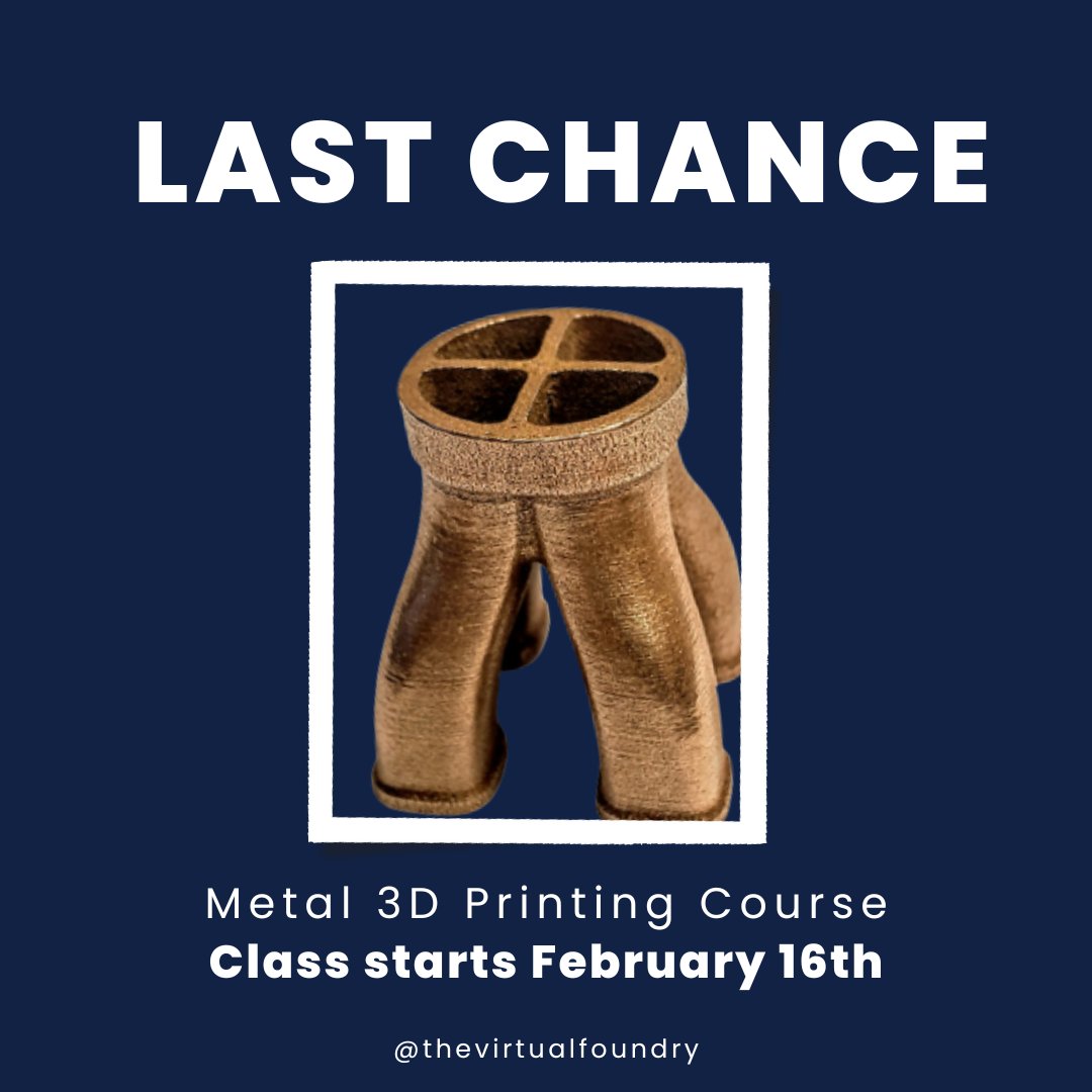 Last Chance! Our Metal 3D Printing Course starts this Thursday, February 16th. 

Perfect your metal 3D printing skills on your existing FFF 3D Printer! 

Register today: bit.ly/3HZfkI6 

#registertoday #3Dmetalprinting #FFF #learn3Dprinting