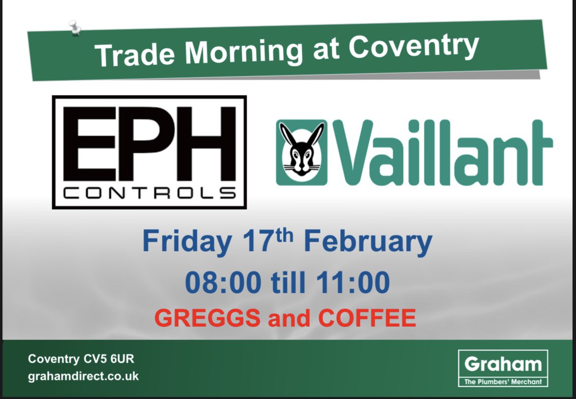 On Friday we have @EPHcontrols and @vaillantuk coming in to see us. Come and join us! 

#cv5 6ur #trademorning #networking #counterdeals