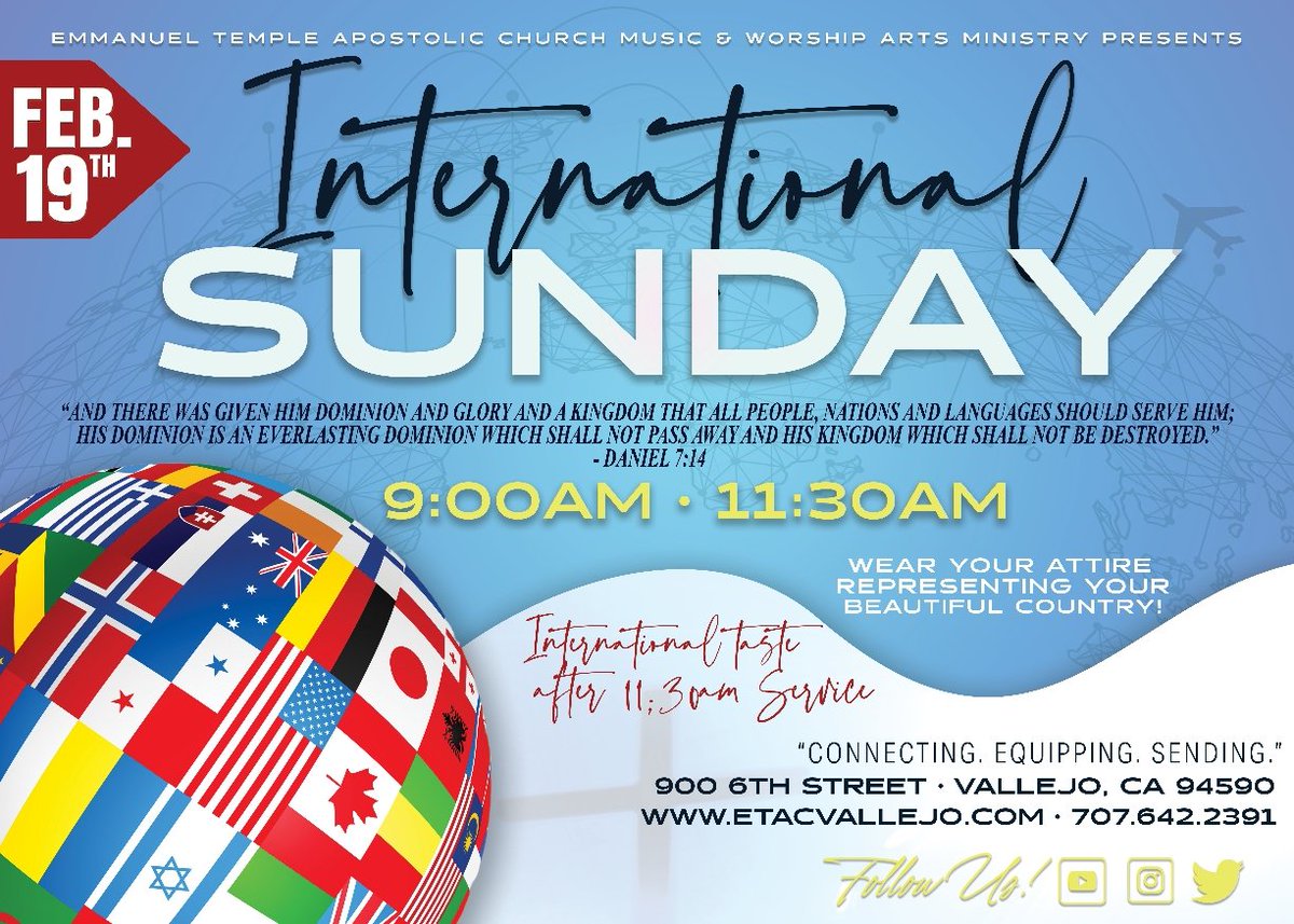 International Sunday February 19, 2023 9am &amp; 11:30am Services 
"And they sung a new song, saying, Thou art worthy... for thou wast slain, and hast redeemed us to God by thy blood out of every kindred, and tongue, and people, and nation;"
Revelation 5:9
