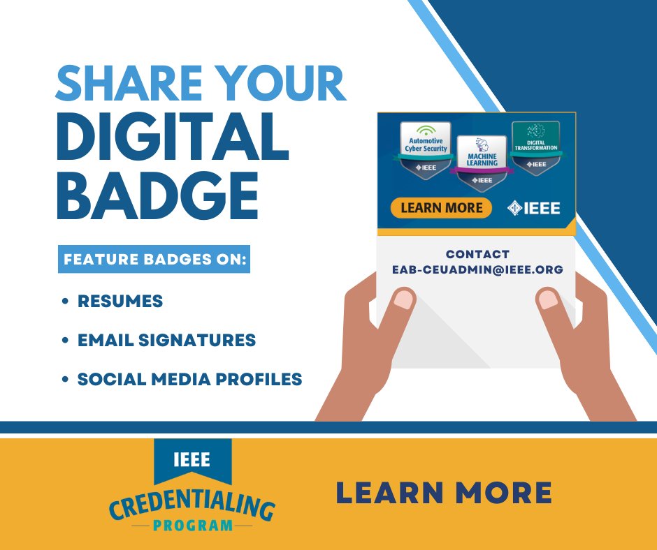 IEEEEduWeek's tweet photo. Upgrade your #resume with digital badges! Brush up on your technical skills while earning #digitalbadges via the IEEE Learning Network. Share your digital badges on your professional social media profiles, email signature, and digital resume. https://t.co/vThcmsoJ2b https://t.co/zlunc65ql0