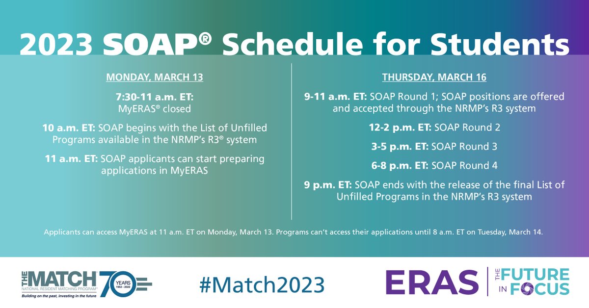 ERASinfo's tweet image. #SOAP2023 Timeline: Notification of Match Status (matched/filled) will be released at 10 a.m. ET on Monday, March 13. #Match2023