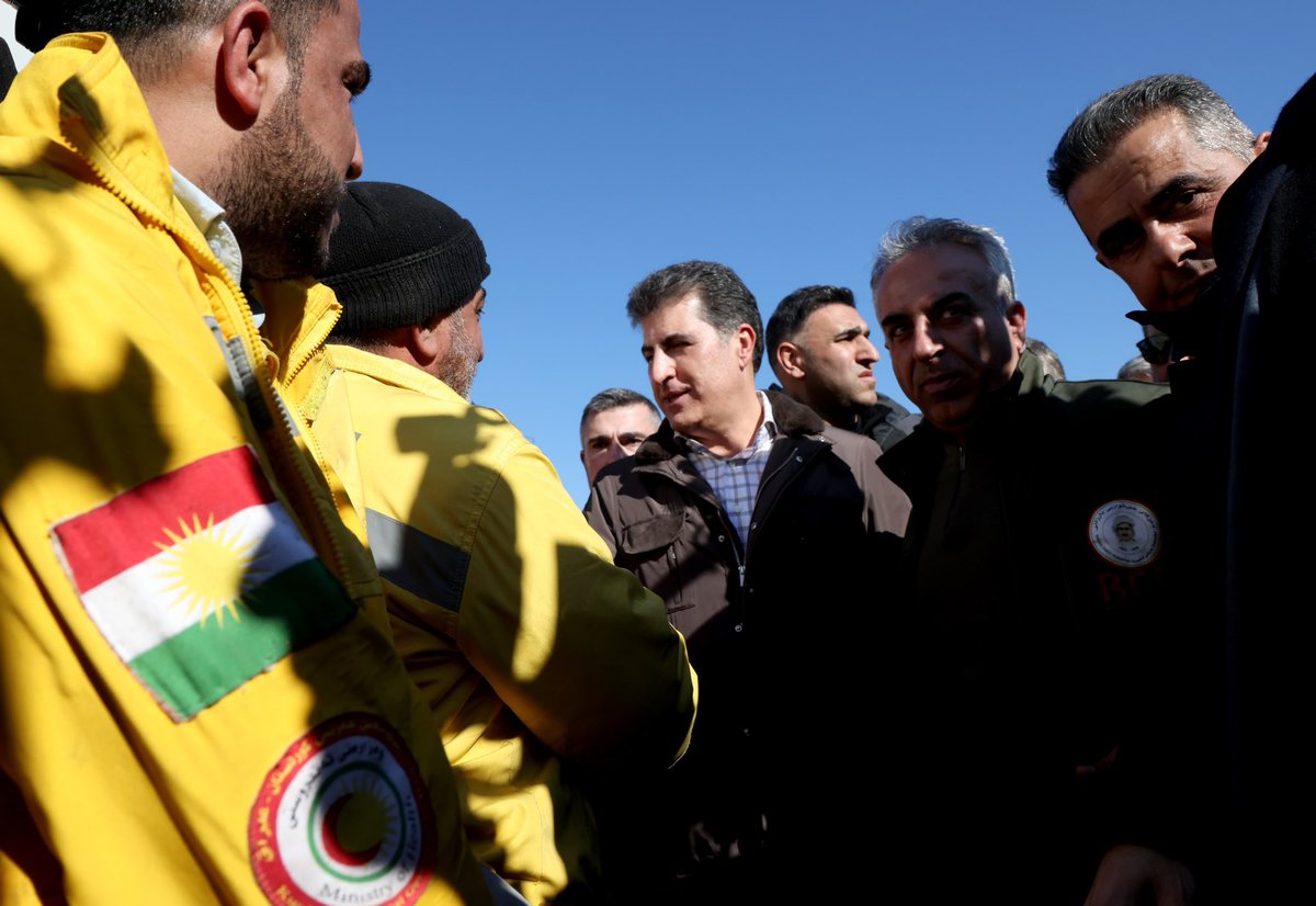 IKRPresident's tweet photo. I visited areas devastated by earthquake in Türkiye, and met with President Erdogan &amp; displaced victims to express the solidarity of the Kurdistan Region with them during this difficult time. I also paid tribute to first responders from KR, who work tirelessly to save lives. https://t.co/xKwYET5YBd