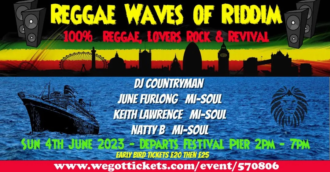 100% Reggae, Revival &amp; Lovers Rock guaranteed on 'The Reggae Waves Of Riddim' Leaving from Festival Pier 2pm-7pm Sun 4th June. Early bird tickets £20 then £25 from wegottickets.com/event/570806 Djs <a href="/DJJuneFurlong/">June Furlong</a>  <a href="/nattyb/">Natty B</a>  <a href="/djkeithlawrence/">Keith Lawrence</a> &amp; Dj Countryman. Pure musical niceness!!