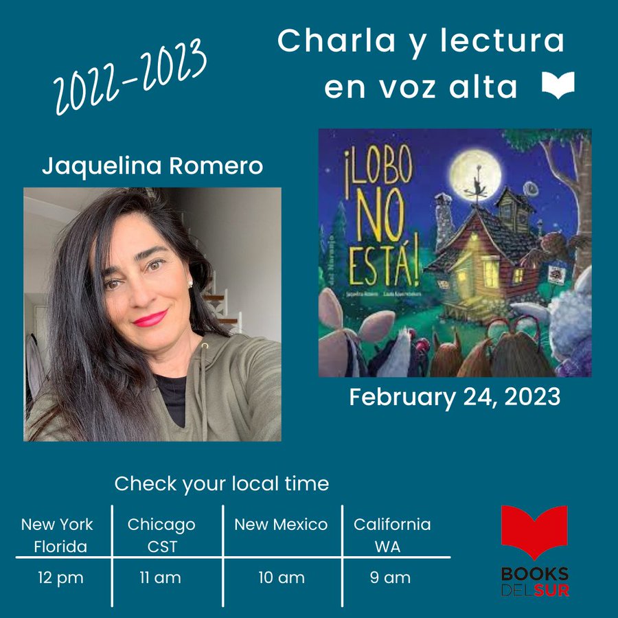 Another great FREE AUTHOR TALK from @BooksDelSur!
Jaquelina Romero will read the book  '¡Lobo no está!' & then take questions from the classrooms.
All ages welcome (K to 3rd grade are encouraged!)
Register in advance. bit.ly/3wYEnpJ
#authortalk #autores #lecturaenvozalta