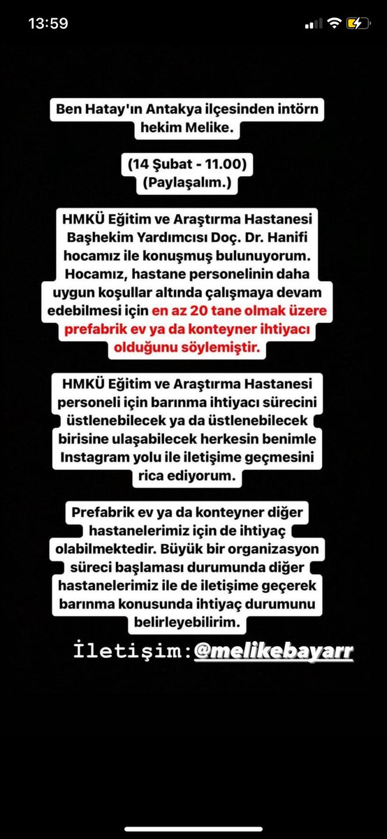 Mustafa Kemal Üniversitesi Tıp Fakültesi Hastanesi’nde çalışan sağlıkçıların konteyner ihtiyacı vardır. Geçmişte müzik festivallerine sağladığınız mobil tuvalet ve konteynerlar için desteğinizi istiyoruz #mkusaglikcalisanlari <a href="/RedBullTR/">Red Bull Türkiye</a>