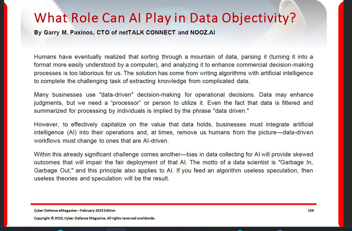 nooz_ai's tweet photo. "What Role Can AI Play in Data Objectivity?" written by Garry Paxinos, CTO of https://t.co/1Irf8CCPYp, for the February 2023 issue of Cyber Defense Magazine.
#BigData #AI https://t.co/IeoHHpiohB