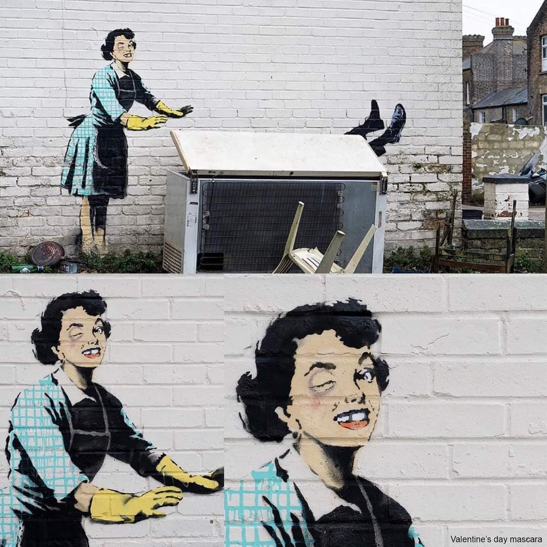 Vandaag, Valentijnsdag, publiceerde #kunstenaar #Banksy op Insta zijn nieuwste werk “Valentine’s Day Mascara” om  geweld tegen meisjes en vrouwen aan te kaarten door de karikatuur van een huisvrouw uit de jaren vijftig met een gezwollen oog. #geweldtegenvrouwen #soroptimist