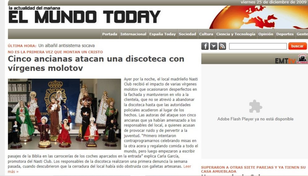 Una de las primeras portadas de <a href="/elmundotoday/">El Mundo Today</a> en Internet (25 de diciembre de 2009) 
#Espiritured